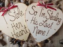 wedding photo - Wedding Photo Props Engagement Photo Props - SET of 2 Wood Hearts Wood Signs For Him and Her - Save the Date
