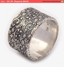 wedding photo -  Alternative Wedding ring, Sterling Silver band, filigree ring,Unisex band, Oxidized Floral Motif 13mm Band ,Dressing Ring ,Nature Inspired