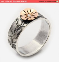 wedding photo -  Unique Diamond Engagement Ring, Flower Ring, Nature Inspired Engagement Ring, Two Tone Ring, Oxidized Silver Ring, leaf motif band