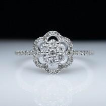 wedding photo - Petite Flower Snowflake Halo Diamond Engagement Ring in 14k White Gold Band Snow Ring Winter Jewelry Frozen