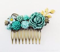 wedding photo - Teal Hair Comb Aqua Wedding Turquoise Seafoam Mint Gold Leaf Bridesmaids Gift Bridal Head Piece Floral Flower Comb Vintage Style Shabby Chic