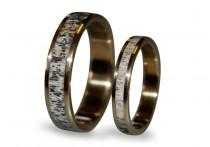 wedding photo - 18k Gold Wedding Band Set with Deer Antler, Antler Ring inlaid in Gold Band, 18k Wedding Ring Set