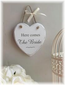 wedding photo - Vintage Style Shabby Chic Distressed Wedding Sign "Here Comes the Bride", Flower Girl sign/plaque
