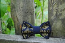 wedding photo -  Embroidered navy blue bow tie With gold pattern Wedding in navy gold colours Groomsmen bow ties Nautical bowtie Boho Sparkle men's clothing
