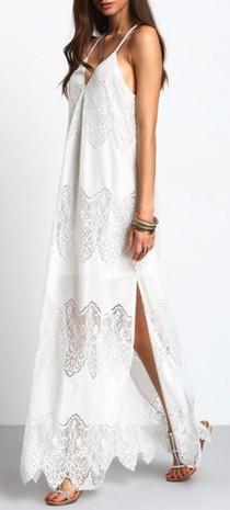 wedding photo - Cream Deep V Neck Split Slip Maxi Dress -SheIn(Sheinside)