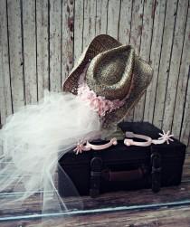 wedding photo - Pink-Bachelorette-party hat-cowgirl hat-western wedding veil-cowgirl hat and attached veil-western wedding decor-photo prop-sign-bride veil