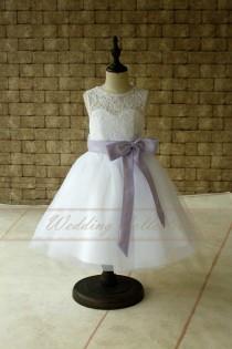 wedding photo - Pure White Lace Flower Girl Dresses, Tulle Flower Girls Dress With Lavender Sash and Bow