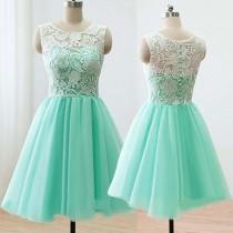 wedding photo -  Modern Scoop A-line Short Mint Bridesmaid Dress With Lace