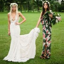 wedding photo -  New Arrival Strapless Floral Bridesmaid Dresses with Split Side