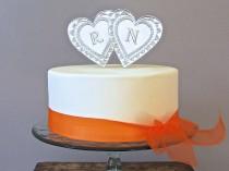 wedding photo - Silver Monogram Wedding Cake Topper, Two Hearts, Custom Initials, Engagement Topper