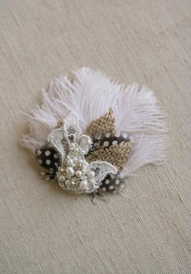 wedding photo - Vintage Rustic Hair Accessory Wedding Feather Fascinator Clip Bridal Hairpiece Ivory Ostrich Beaded Lace Burlap Rustic Bridal Headpiece