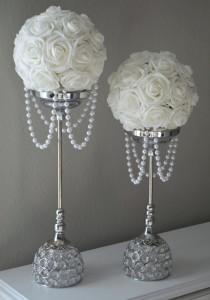 wedding photo - WHITE Flower Ball With DRAPING PEARLS. Wedding Decor, Bridal Shower,  Flower Girl. Choose Your Rose Color.