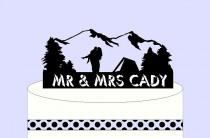 wedding photo - Custom Cake Topper & Keepsake - Tent and Mountains for the Bride and Groom Camper, Best Day Ever, Can be Your Phrase, Names, or Dates