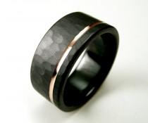 wedding photo - Hammered Men's Wedding Band Comfort Fit Interior Black Zirconium Rose Gold Ring