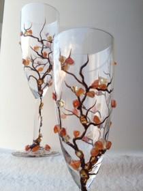 wedding photo - Fall theme wedding champagne flutes, hand decorated with semiprecious stones in brown and burnt orange colors, Autumn wedding theme