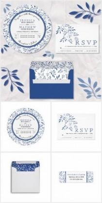 wedding photo - Indigo Blue Leaves Pattern Wedding Invitations