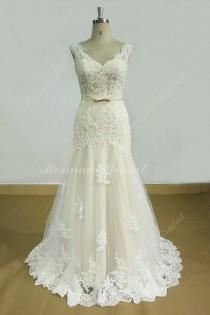 wedding photo - Open back Fit and flare tulle lace wedding dress with scallop neckline and champagne lining