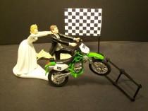wedding photo - Motorcycle Kawasaki Green Dirt Bike Start Pole Bride and Groom Funny Wedding Cake Topper