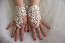 wedding photo -  wedding,bridal gloves,ivory pearls lace,custom lace style,french lace,Free shipping.