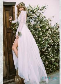 wedding photo -  H1574 Romance boho slit chiffon wedding dress with long sleeves