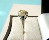 wedding photo - SALE..Original Art Deco 14kt White Gold and Diamond Floral  Filigree Sapphire Accent Engagement Ring