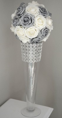 wedding photo - SILVER And WHITE Flower Ball, Wedding CENTERPIECE, Kissing Ball, Pomander. Real Touch Roses. Flower Girl. Pick Your Size