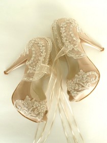 wedding photo - Wedding Shoes - Champagne Embroidered Lace Bridal Shoes - New