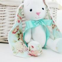 wedding photo - Baby gift girl, handmade white ivory bunny for girl, floral mint ears, nursery baby girl ORGANIC stuffed animal