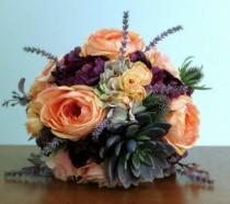 wedding photo - RESERVED - Coral, Peach, Silver Grey, Plum Purple Silk Flower Bridal Bouquet, Roses, Succulents, Hydrangea, Anemone, "Enchanting" (Balance)