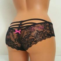 wedding photo - BLACK Lace Strappy Back Hipster Bridal Panties w/ Pink Wifey - Sexy Cage Honeymoon Panties - Boudoir Lingerie - Sizes S-L