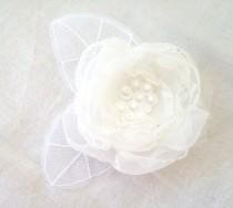 wedding photo - Wedding Hair Accessory White Ivory Mix Organza Flower Bridal Hair Clip Brooch with Total White Tulle Leaves by FairytaleFlower
