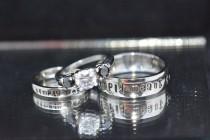 wedding photo - 3 pc Simply Meant to Be couples set. White Sapphire CZ and Black CZ, Complete 3 Piece Wedding set ! Free inside engraving in bands!