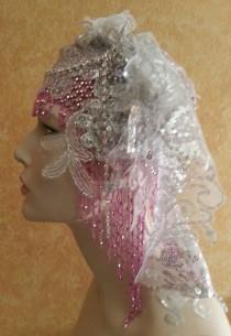 wedding photo - Gatsby 20's Style Pink Waterfall Beaded Lace Crystal Flapper Headpiece Hat Bridal Wedding Costume Party Theatrical Burlesque / More Colors .