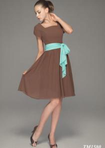 wedding photo -  Square Brown Knee Length Sash Ruched Buttons Short Sleeves Chiffon