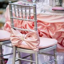 wedding photo - Pink Bow with large Pearl Wrap Chiavari Chair Covers for the Bride and Groom, Baby Shower, Quinceanera or Special Event