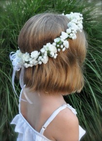 wedding photo - Flower Girl Wreath, First Communion Floral Crown, Wedding Flowers, White Rose And Babies Breath Halo By Holly's Flower Shoppe