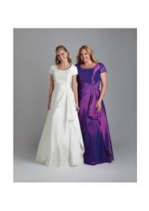 wedding photo -  Ruched Satin Short Sleeves Square White Purple Floor Length