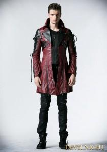 wedding photo -  Red and Black Long Sleeves Leather Gothic Trench Coat for Men