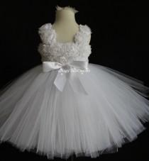 wedding photo - Shabby Chic Rustic White Flower Girl Tutu Dress Junior Bridesmaid Dress 1T2T3T4T5T6T7T8T9T