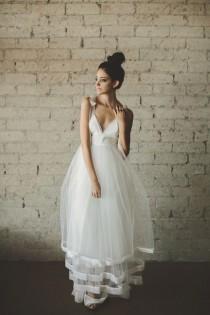 wedding photo - Deep V Neck Floor Length A Line Tiered Tulle Wedding Dress - Juliana By Cleo And Clementine