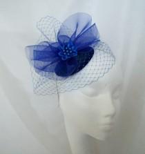 wedding photo - Sapphire Royal Cobalt Blue Blusher Veil Wedding Fascinator Mini Hat - 'Custom Made To Order'