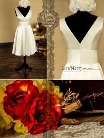 wedding photo - Knee Length Wedding Dress from Glossy Satin with Ruched V Neckline and V Back Featuring A-line Style Folded Skirt and Wide Belt on the Waist
