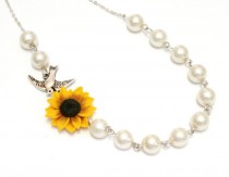 wedding photo -  Bridesmaid Jewelry Set,Sunflower Flower Necklace,For Her,Jewelry,Wedding White pearl,Yellow Sunflower,Bridesmaid Jewelry,Bridesmaid Necklace