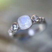 wedding photo - Rainbow Moonstone And White Sapphire Sterling Silver Ring, Gemstone Ring, Three Stones Ring, Engagement Ring, Stacking Ring -Made To Order
