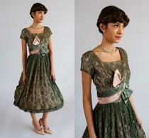 wedding photo - Vintage 1950s Bridesmaid Dress/Beautiful Green Lace Tea Length Party Dress Mother of the Bride