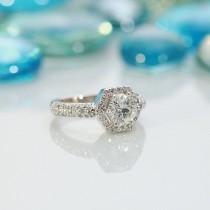 wedding photo - 7mm Round Forever Classic Moissanite & Diamond Hexagon Crown 14KW Ring 1.75 Carat Total Weight