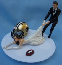 wedding photo - Wedding Cake Topper New Orleans Saints G Football Themed w/ Garter N.O. Sports Fans Bride and Groom Sporty Centerpiece Reception Gift Item