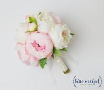 wedding photo - Peony Bouquet with White and Pink Peonies - Silk Peony Wedding Bouquet, Peonies, Cream and Blush Peonies