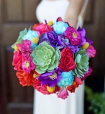 wedding photo - Wedding Mix Succulent Bouquet - Fuchsia, Red, Purple, Blue and Yellow Silk Roses, Hydrangeas and Peonies Bridal Bouquet
