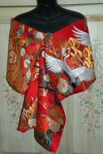 wedding photo - Silk Kimono Fabric Bridal Wrap/Shawl/Shrug/Bolero.Wedding Gift.Embroidered Flying Ivory Cranes and Flower Carts..Red/Gold..Clutch/Purse/Bag